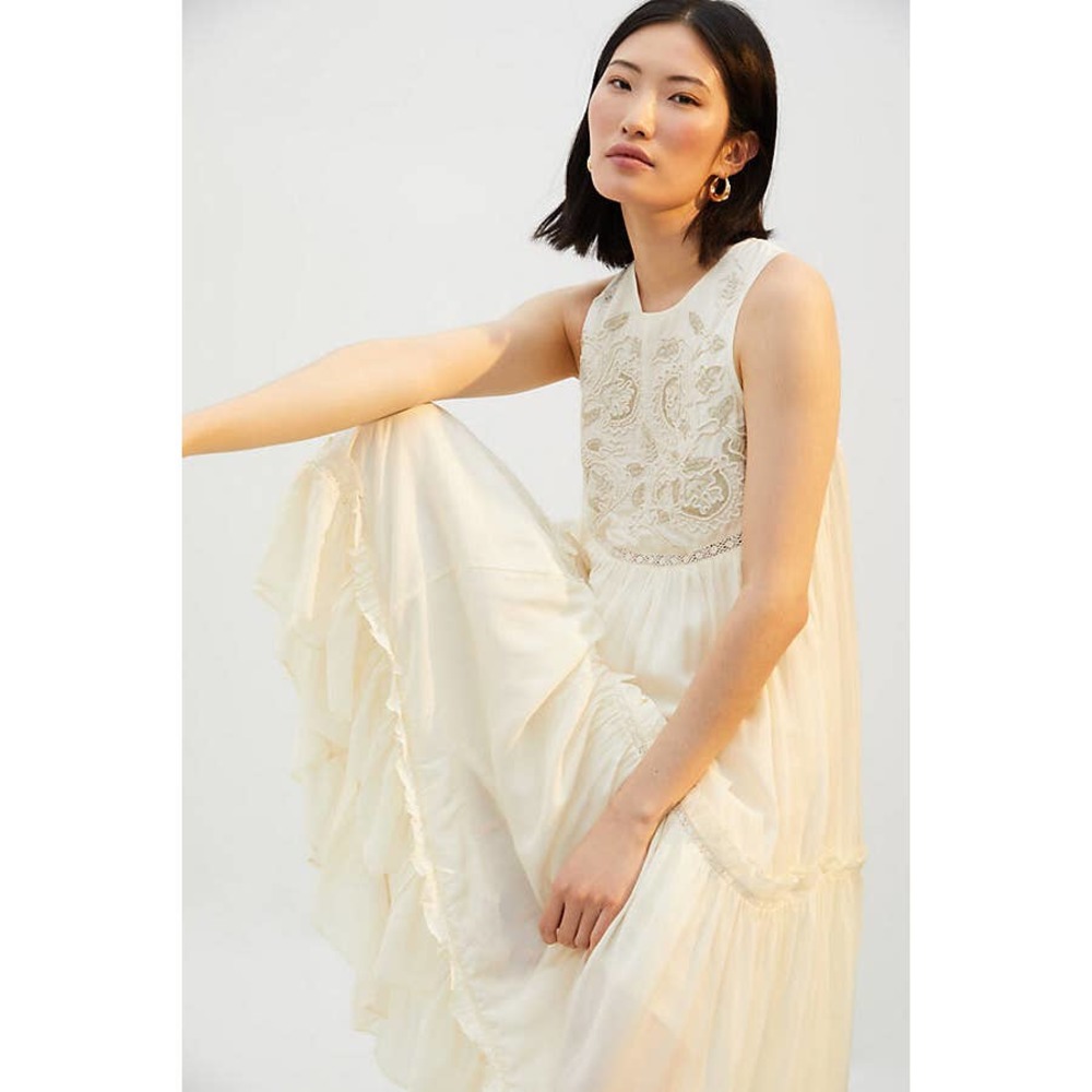 New Anthropologie PINNACLE Embroidered Maxi Dress $238 SMALL Tiered